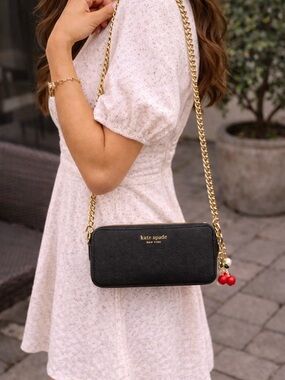 Kate Spade Black Pebbled Leather Chain Wallet Crossbody